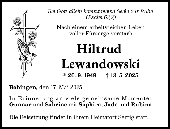 Traueranzeige von Hiltrud Lewandowski von Schwabmünchner Allgemeine