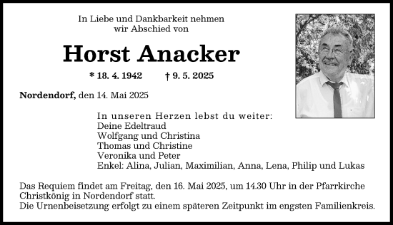 Traueranzeige von Horst Anacker von Augsburger Allgemeine