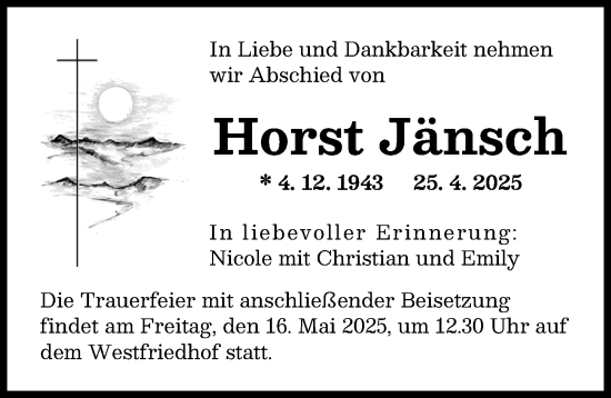 Traueranzeige von Horst Jänsch von Augsburger Allgemeine
