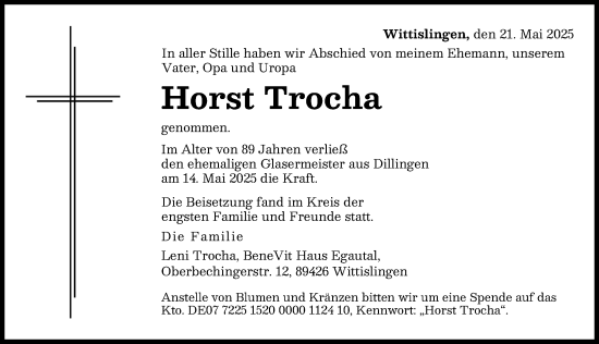 Traueranzeige von Horst Trocha von Donau Zeitung