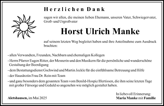 Traueranzeige von Horst Ulrich Manke von Mittelschwäbische Nachrichten