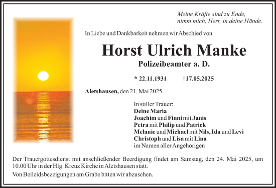 Traueranzeige von Horst Ulrich Manke von Mittelschwäbische Nachrichten