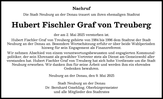 Traueranzeige von Hubert Fischler Graf von Treuberg von Neuburger Rundschau