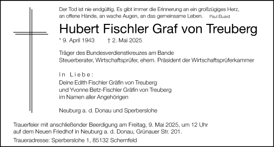 Traueranzeige von Hubert Fischler Graf von Treuberg von Neuburger Rundschau