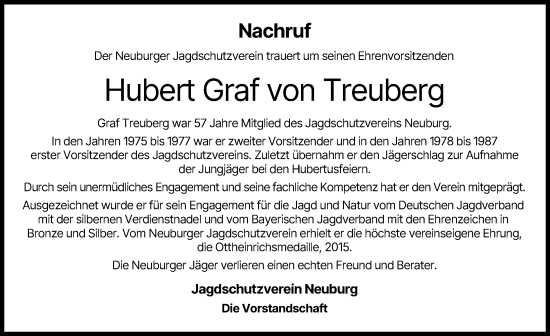 Traueranzeige von Hubert Graf von Treuberg von Neuburger Rundschau