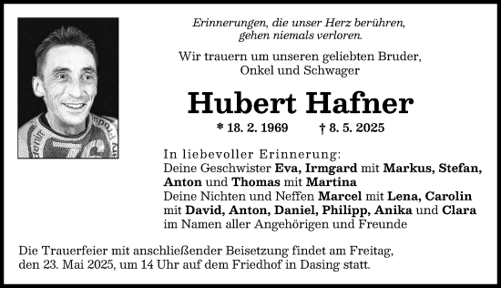 Traueranzeige von Hubert Hafner von Aichacher Nachrichten, Friedberger Allgemeine