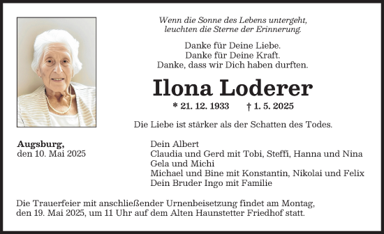 Traueranzeige von Ilona Loderer von Augsburger Allgemeine