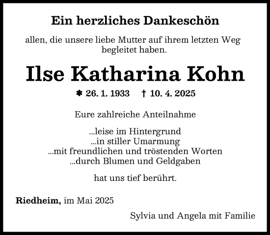 Traueranzeige von Ilse Katharina Kohn von Günzburger Zeitung