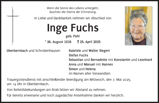 Traueranzeige von Inge Fuchs von Aichacher Nachrichten