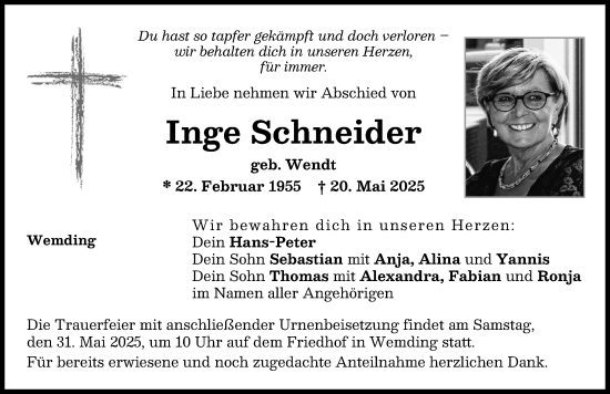 Traueranzeige von Inge Schneider von Donauwörther Zeitung