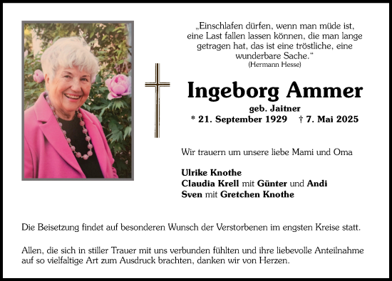 Traueranzeige von Ingeborg Ammer von Neuburger Rundschau