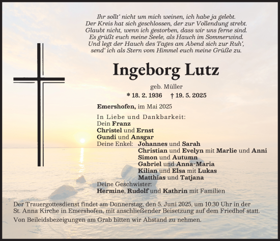 Traueranzeige von Ingeborg Lutz von Illertisser Zeitung, Neu-Ulmer Zeitung