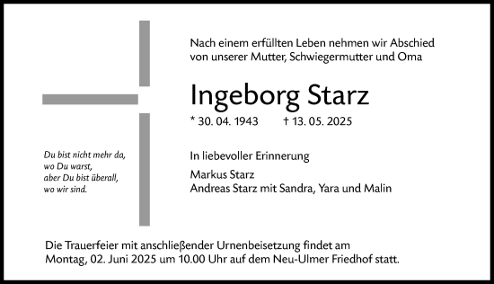 Traueranzeige von Ingeborg Starz von Neu-Ulmer Zeitung, Augsburger Allgemeine