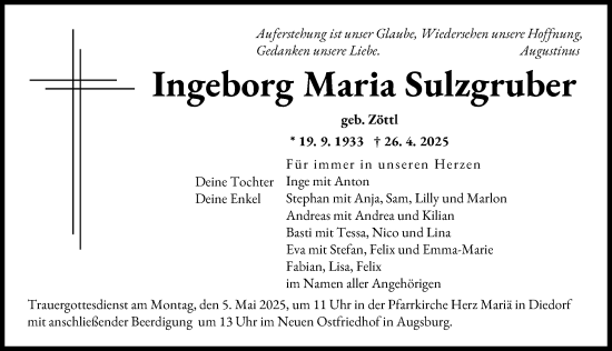 Traueranzeige von Ingeborg Maria Sulzgruber von Augsburger Allgemeine
