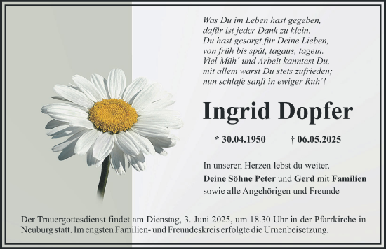 Traueranzeige von Ingrid Dopfer von Mittelschwäbische Nachrichten