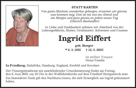 Traueranzeige von Ingrid Eiffert von Friedberger Allgemeine