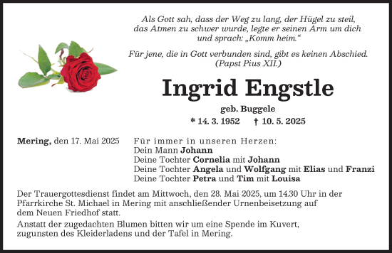 Traueranzeige von Ingrid Engstle von Friedberger Allgemeine