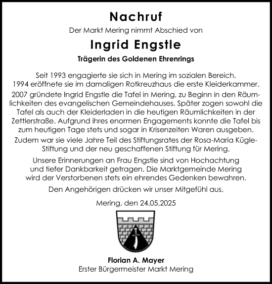 Traueranzeige von Ingrid Engstle von Friedberger Allgemeine