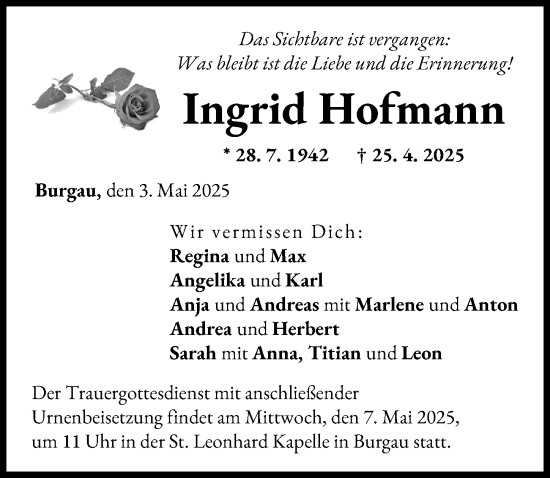 Traueranzeige von Ingrid Hofmann von Günzburger Zeitung
