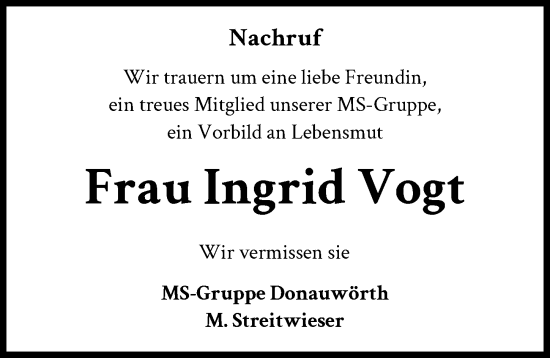 Traueranzeige von Ingrid Vogt von Donauwörther Zeitung