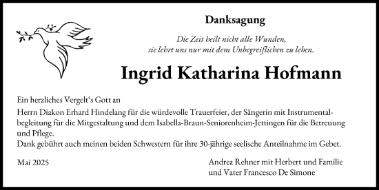Traueranzeige von Ingrid Katharina Hofmann von Günzburger Zeitung