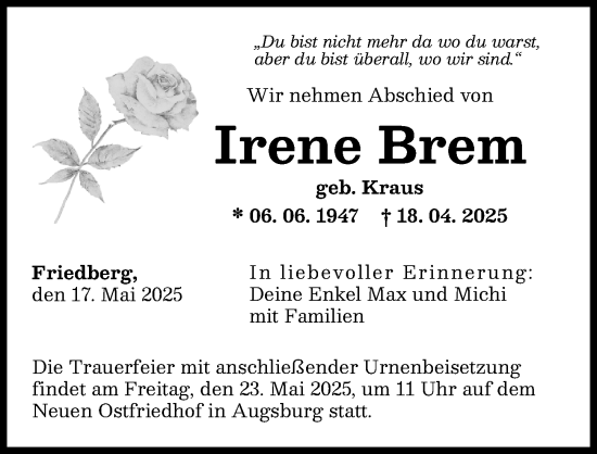 Traueranzeige von Irene Brem von Augsburger Allgemeine