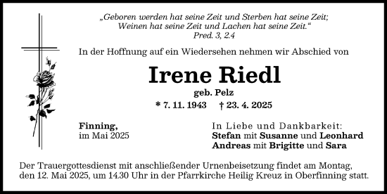 Traueranzeige von Irene Riedl von Landsberger Tagblatt