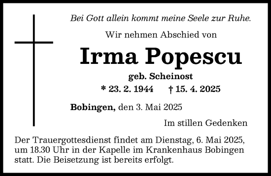 Traueranzeige von Irma Popescu von Schwabmünchner Allgemeine