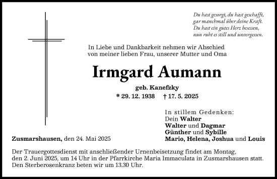 Traueranzeige von Irmgard Aumann von Augsburg-Land