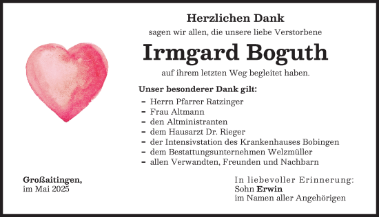Traueranzeige von Irmgard Boguth von Schwabmünchner Allgemeine
