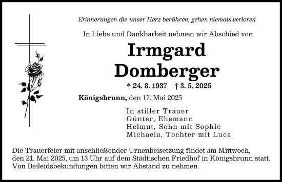Traueranzeige von Irmgard Domberger von Augsburger Allgemeine