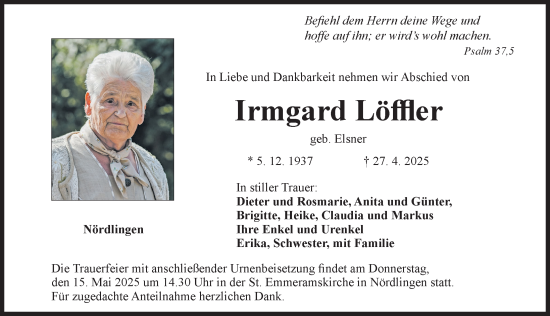 Traueranzeige von Irmgard Löffler von Rieser Nachrichten