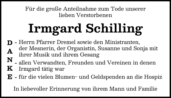 Traueranzeige von Irmgard Schilling von Schwabmünchner Allgemeine