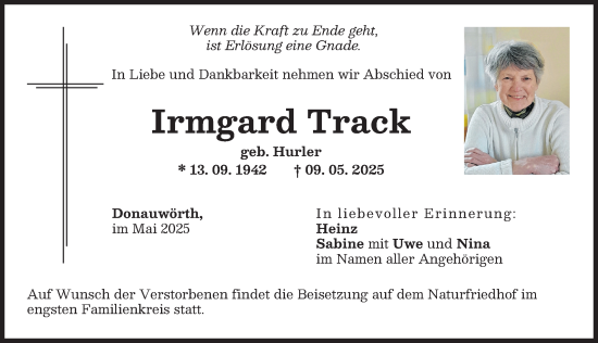 Traueranzeige von Irmgard Track von Donauwörther Zeitung