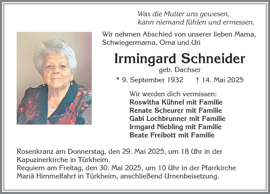 Traueranzeige von Irmingard Schneider von Mindelheimer Zeitung