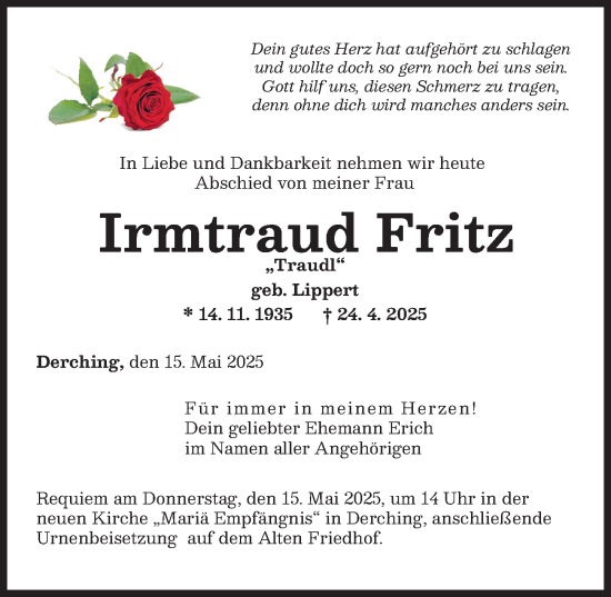 Traueranzeige von Irmtraud Fritz von Friedberger Allgemeine
