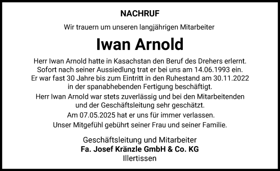 Traueranzeige von Iwan Arnold von Illertisser Zeitung