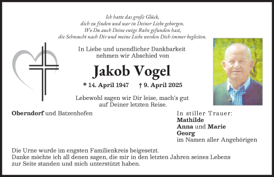 Traueranzeige von Jakob Vogel von Donauwörther Zeitung