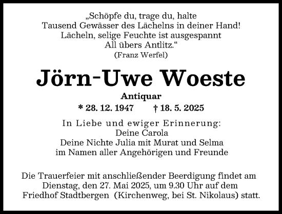 Traueranzeige von Jörn-Uwe Woeste von Augsburger Allgemeine