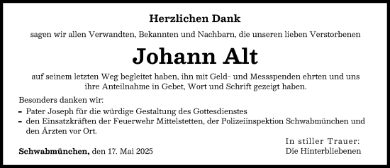 Traueranzeige von Johann Alt von Schwabmünchner Allgemeine