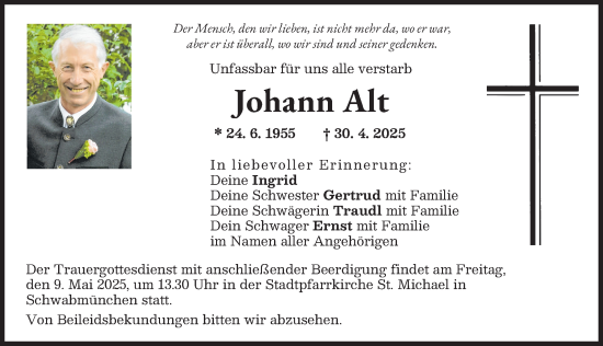 Traueranzeige von Johann Alt von Schwabmünchner Allgemeine