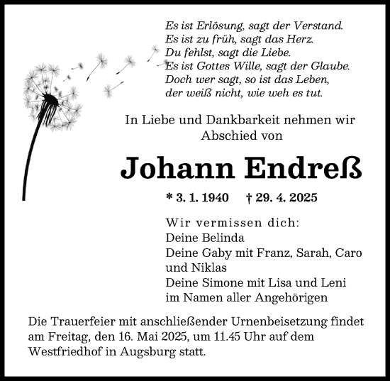 Traueranzeige von Johann Endreß von Augsburger Allgemeine