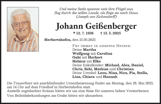 Traueranzeige von Johann Geißenberger von Augsburg-Land