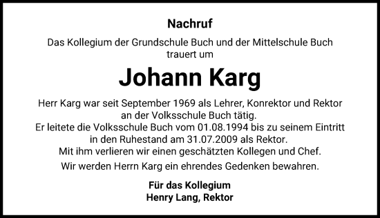 Traueranzeige von Johann Karg von Illertisser Zeitung