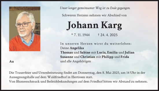 Traueranzeige von Johann Karg von Illertisser Zeitung