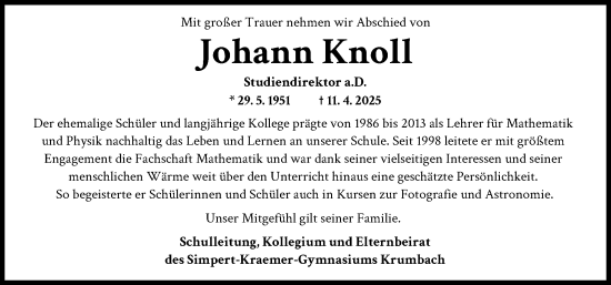 Traueranzeige von Johann Knoll von Mittelschwäbische Nachrichten