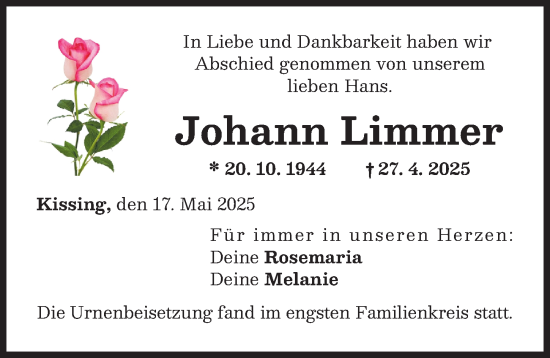 Traueranzeige von Johann Limmer von Friedberger Allgemeine