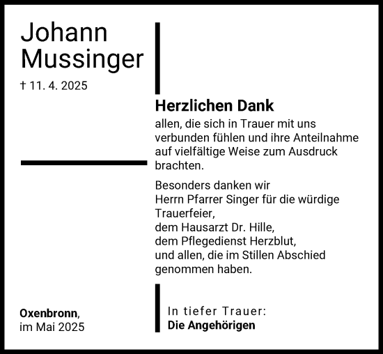 Traueranzeige von Johann Mussinger von Günzburger Zeitung