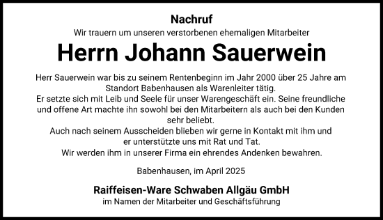 Traueranzeige von Johann Sauerwein von Augsburger Allgemeine, Illertisser Zeitung
