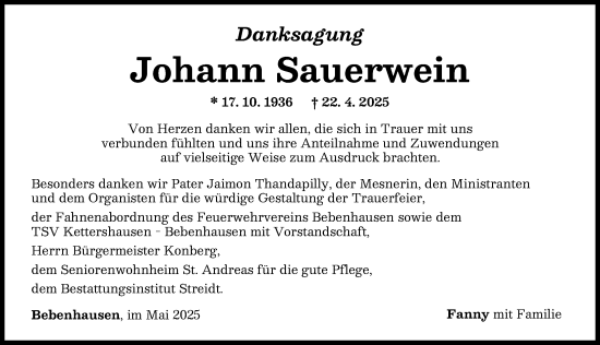 Traueranzeige von Johann Sauerwein von Illertisser Zeitung